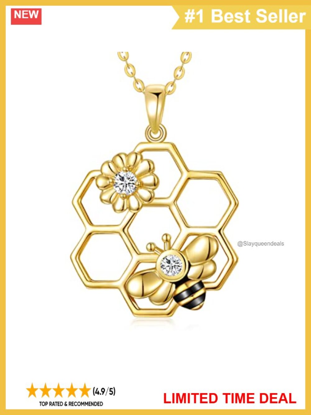 14k Yellow Gold Bee Pendant Necklace Honeycomb Love Heart Jewelry Gift for Women